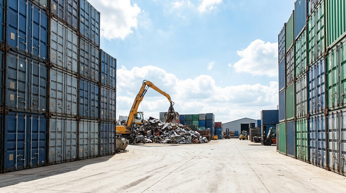 Corredor entre pilhas de containers da Ecovale Metais em dia de sol